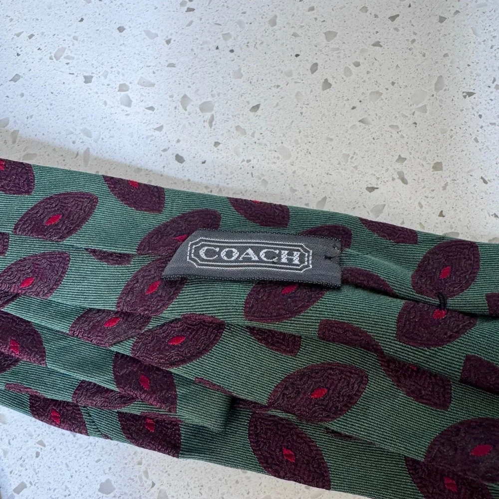 Y2K Coach Mens Silk Tie Green Burgundy Geometric Medallion Handmade in Italy